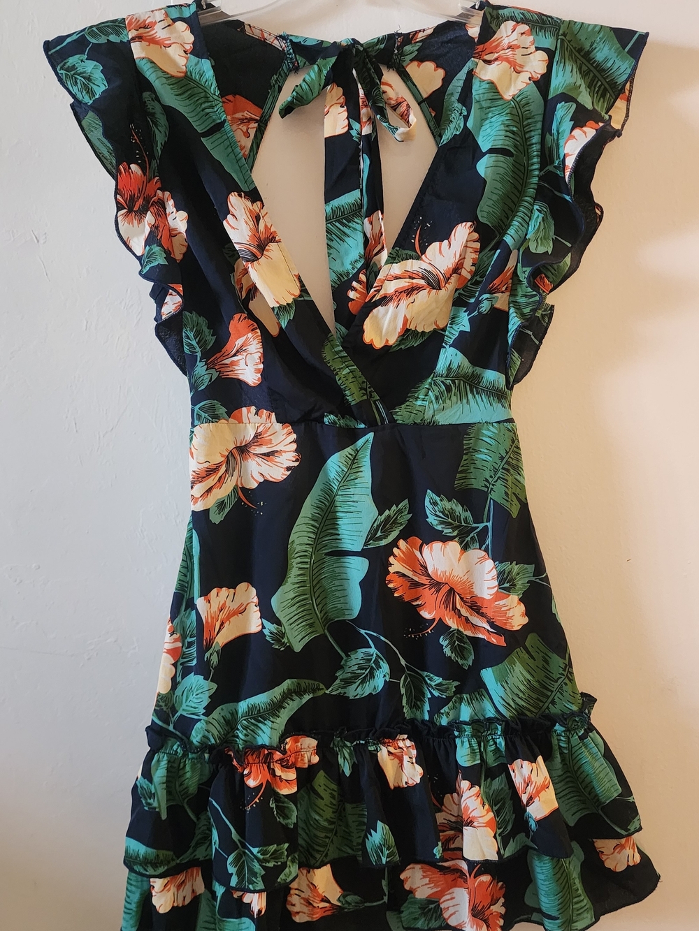 Tropical Floral Ruffle Mini Dress - Black with Green & Coral